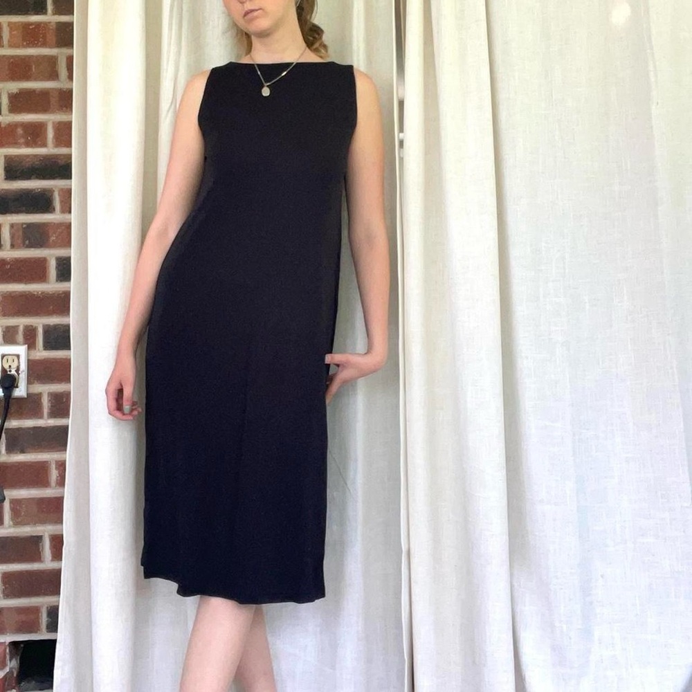 Vintage high boat neck black midi dress